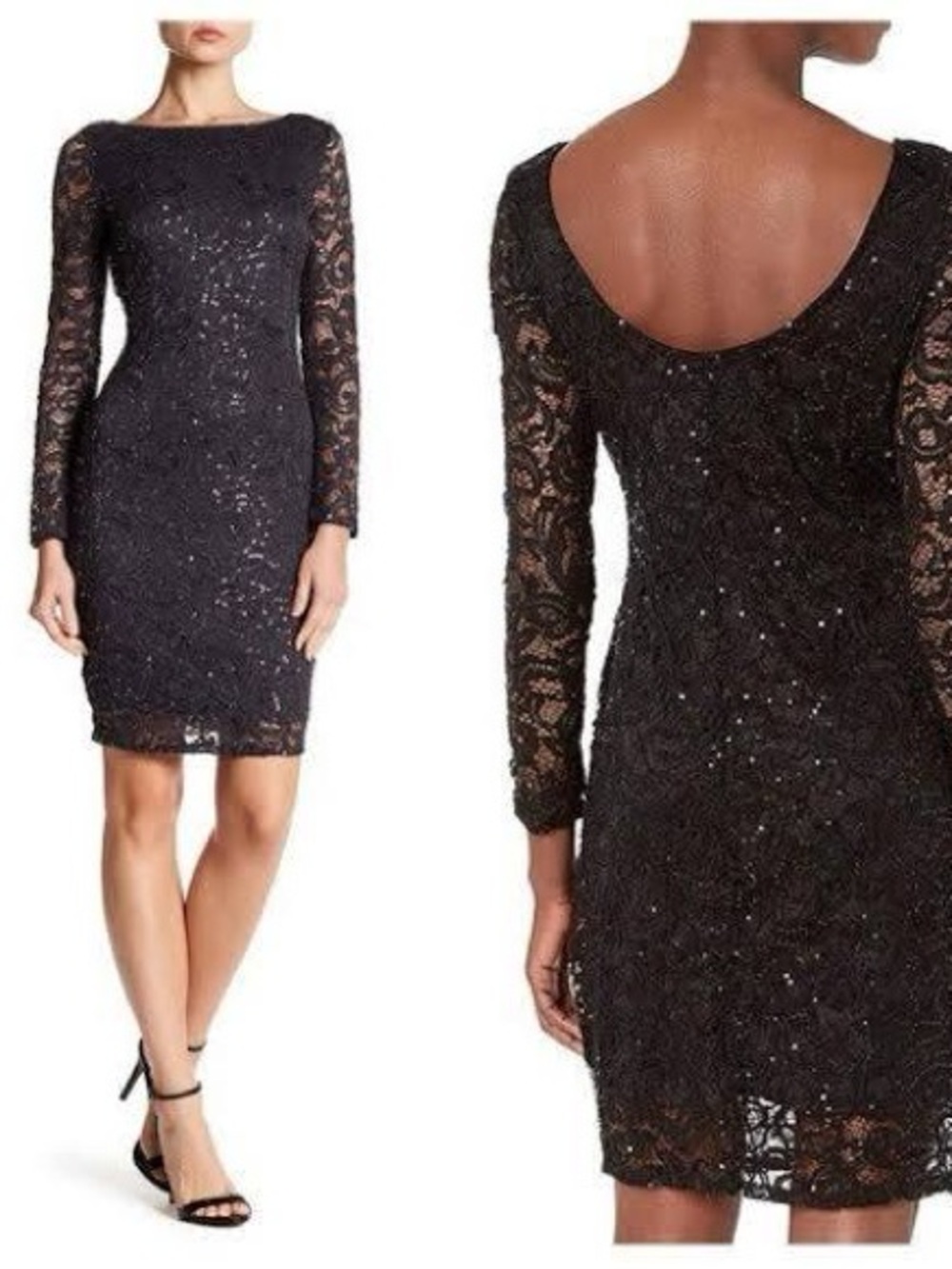 MARINA Black Lace Long-Sleeve Sequin Sheath Dress